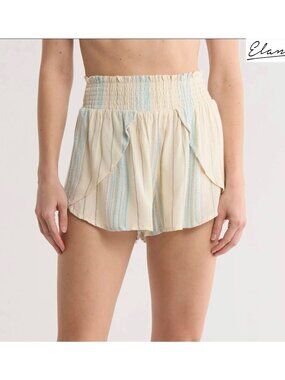 ELAN NWT ARUBA SMOCKED WAIST FAUR WRAP COVER-UP IVORY/BLUE STRIPE SHORTS. SIZE S